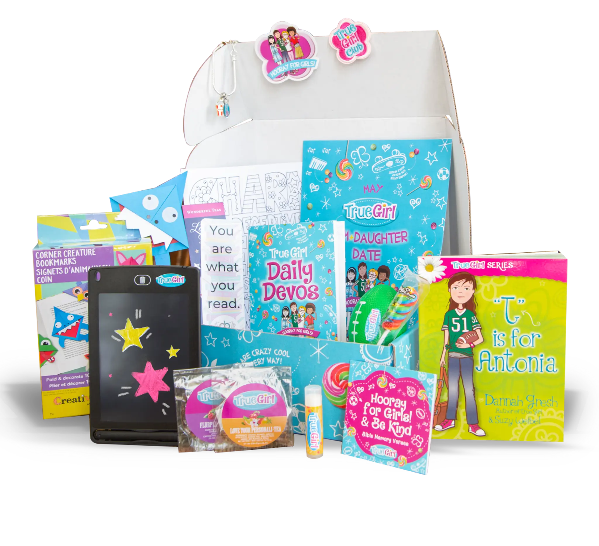 True Girl Faith Subscription Box with devotionals, crafts, and accessories displayed.